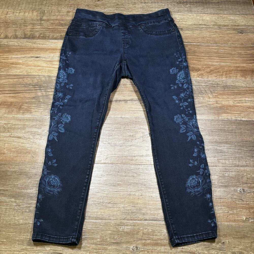 Style&Co Women’s Skinny Jeans Pull On Dark Wash Floral Print Stretch Denim Large